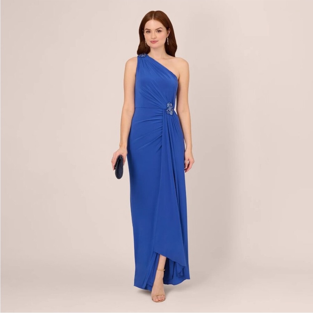 Adrianna Papell Royal Blue One-Shoulder Gown